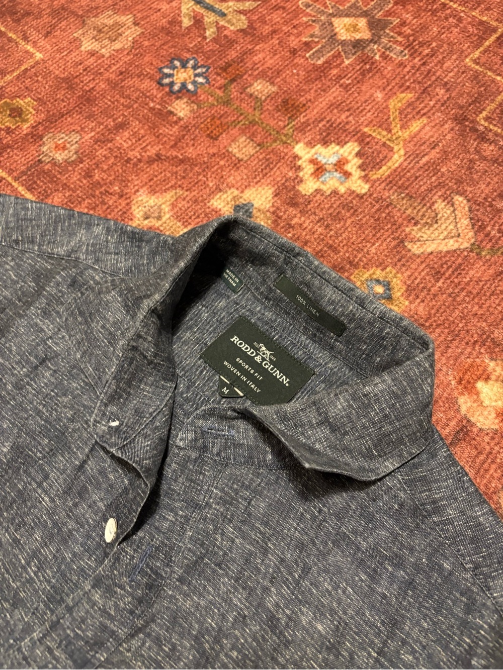 Rodd & Gunn Mens M Blue Solid Linen Woven Short Sleeve Italian fabric Button Up